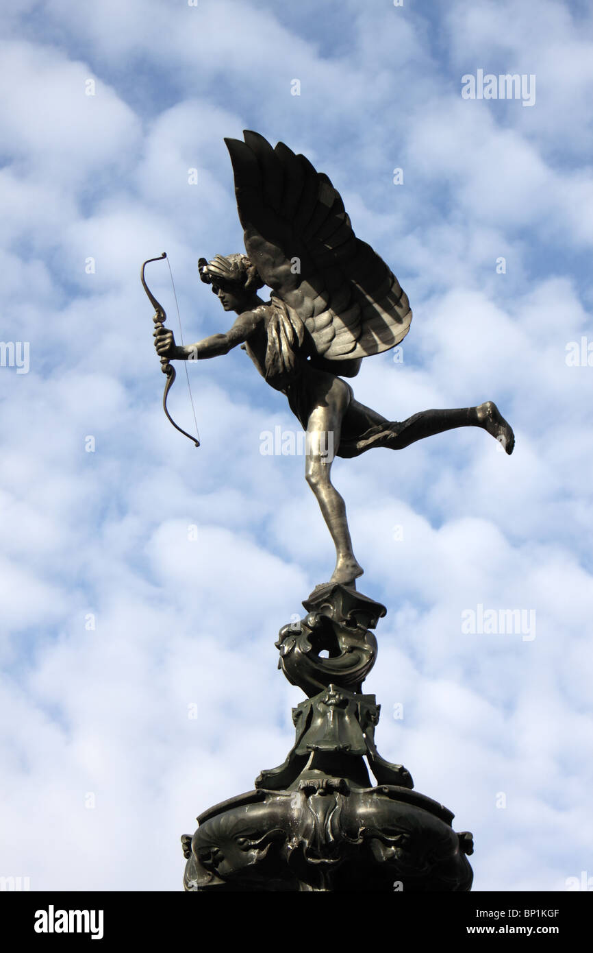 Statue of Eros, Piccadilly Circus, London, with stippled cloud and blue sky behind, UK Stock Photo