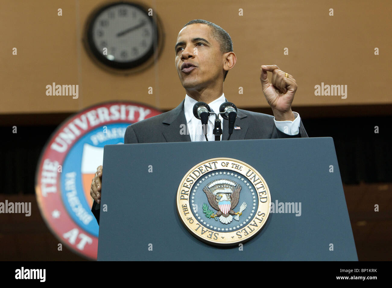 U.S. President Barack Obama speaks to invited students and faculty at the University of Texas at Austin Stock Photo