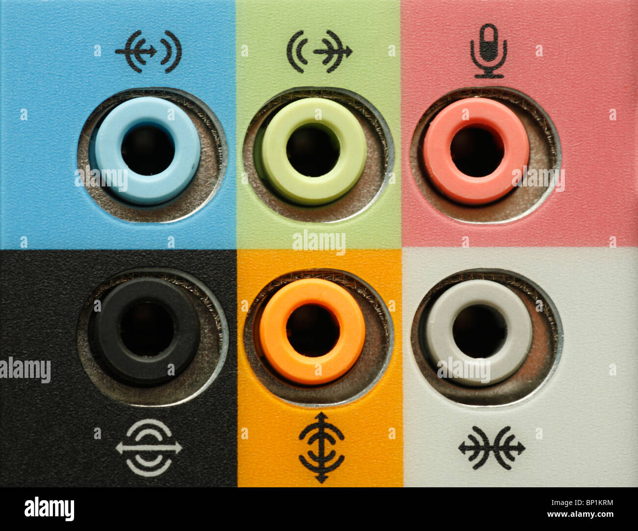 Colour coded plugs for connection to a personal computer Stock Photo