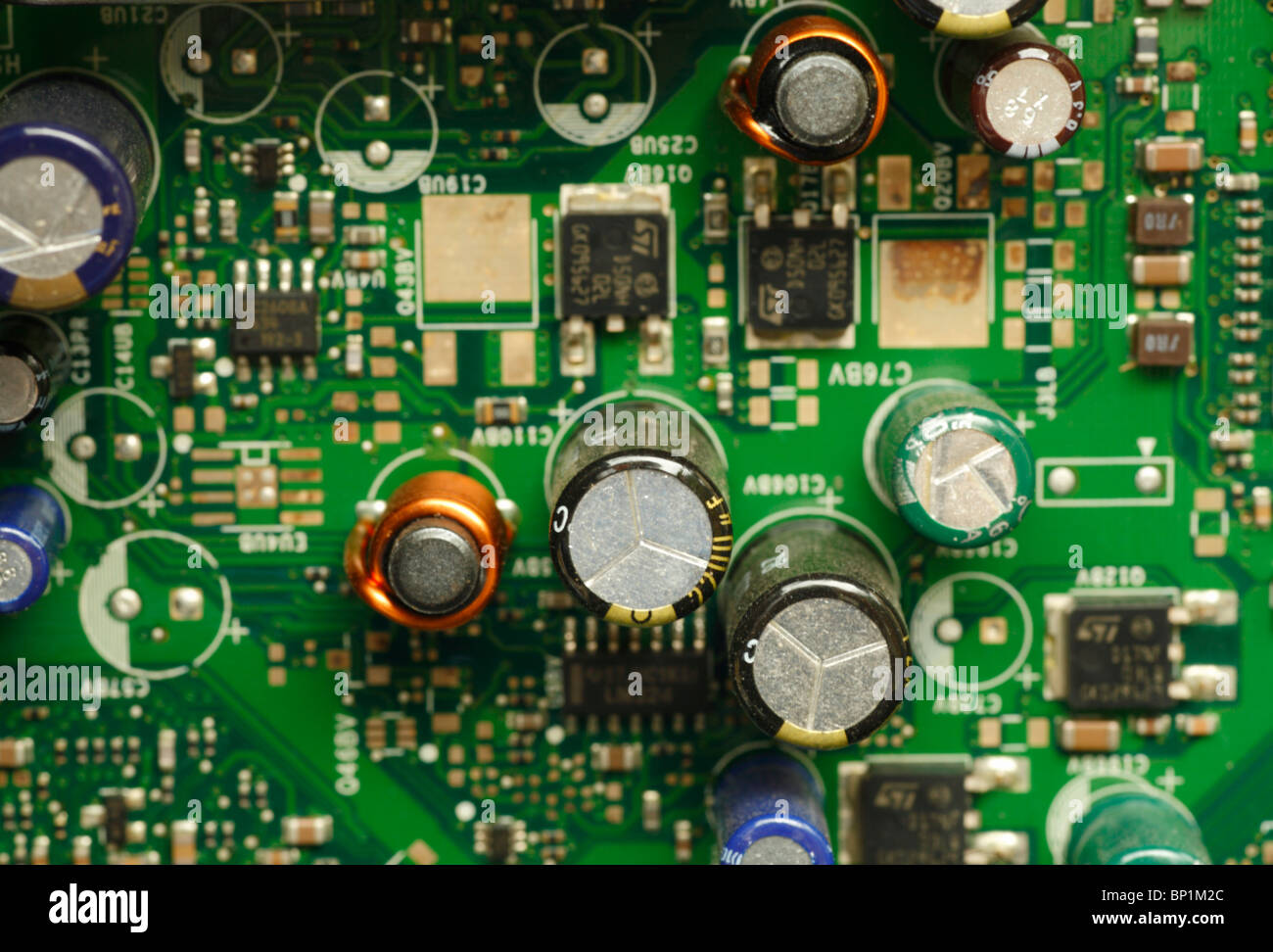 Circuit board with electronic components inside a computer Stock Photo