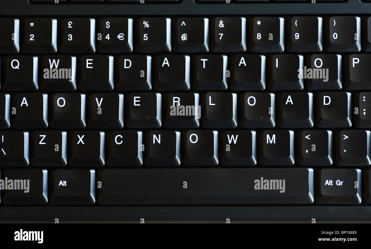 Digitally altered QWERTY keyboard with the legend DATA OVERLOAD NOW visible. Stock Photo