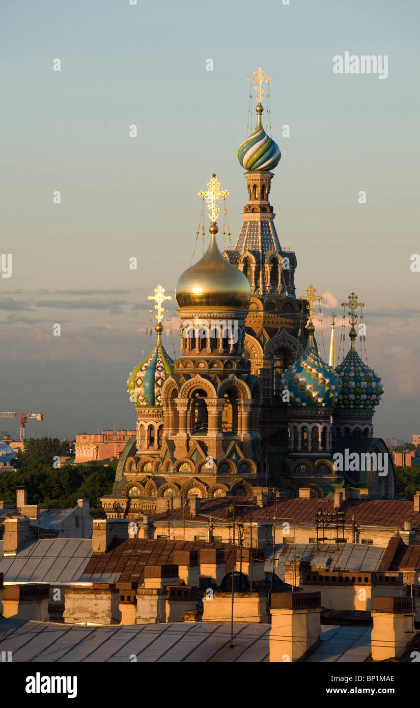 View of domes of Church of the Saviour on Spilled Blood, Saint Petersburg, Russia Stock Photo