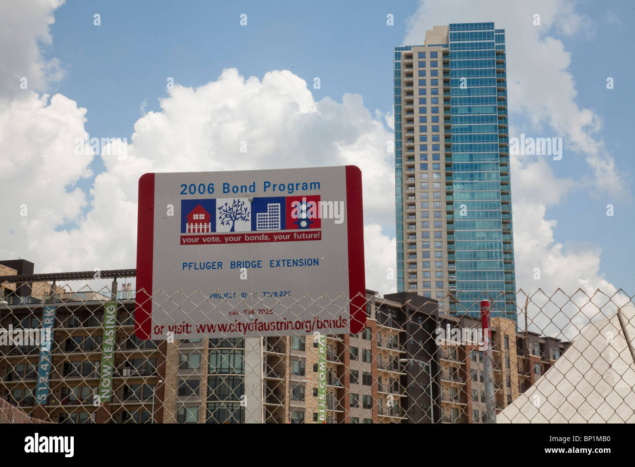 Bond-funded construction project, a pedestrian-bikeway over west First Street at Lady Bird Lake in downtown Austin,Texas Stock Photo