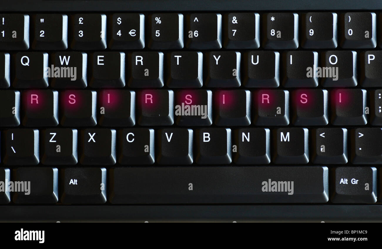 Digitally altered QWERTY keyboard with the legend RSIRSIRSI showing in red. Stock Photo
