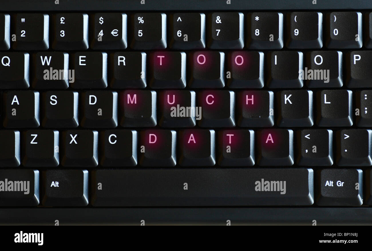 Digitally altered QWERTY keyboard with the legend TOO MUCH DATA showing in red. Stock Photo