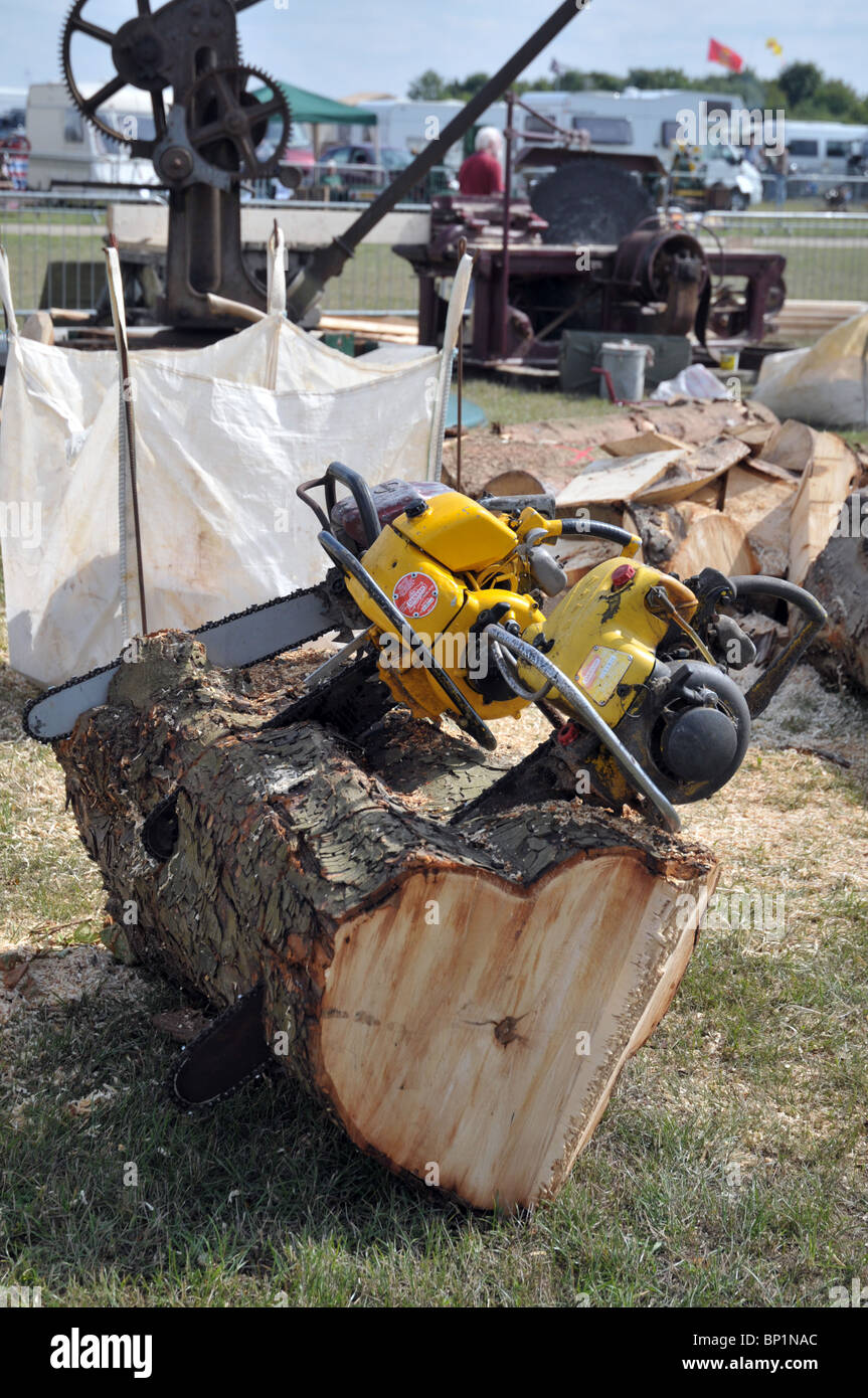 a side view of some commercial chainsaws on an exhibit at the kemble steam rally 2010 Stock Photo