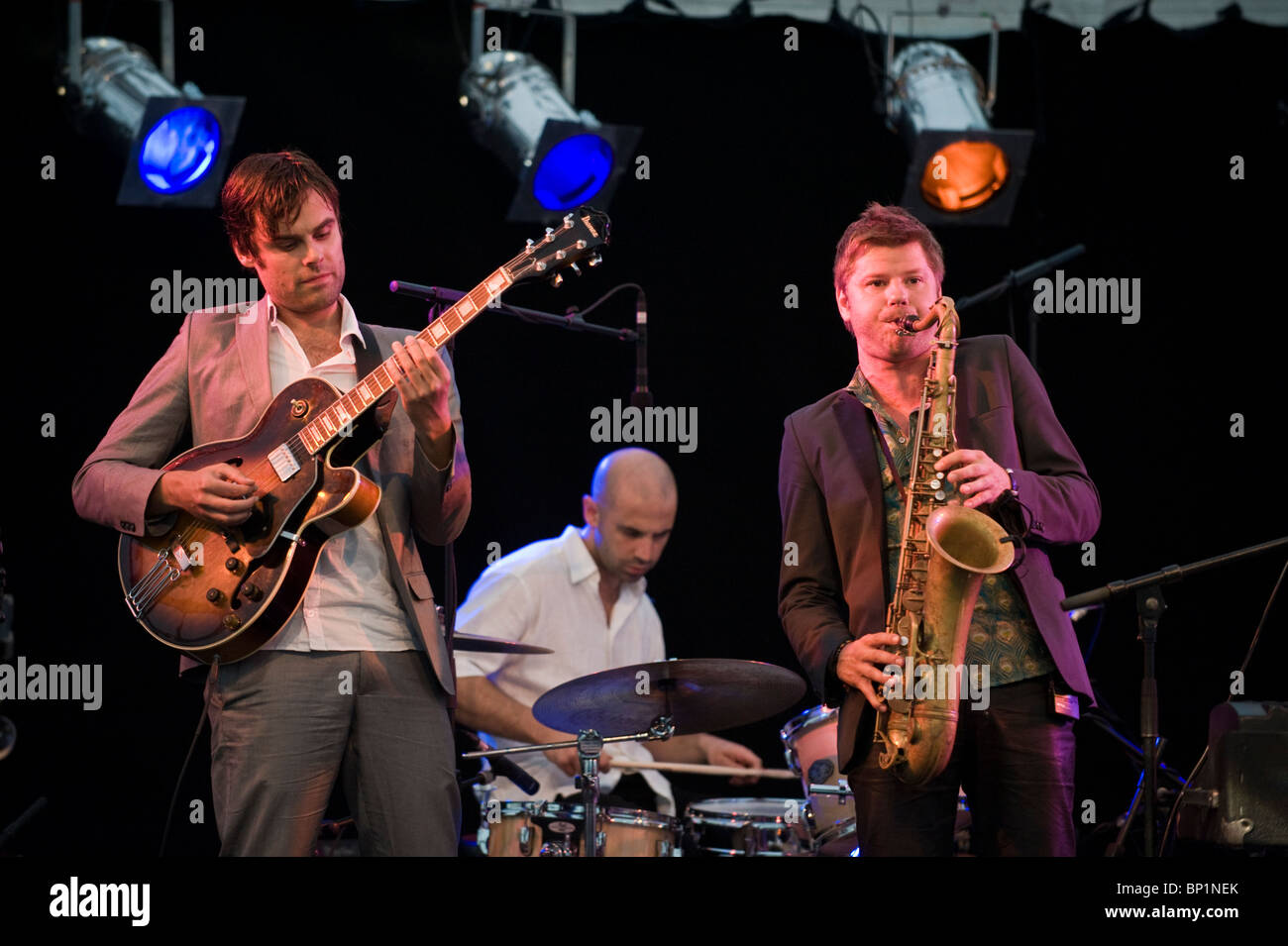 Magnus Lindgren playing sax with his band on stage at Brecon Jazz Festival 2010 Stock Photo