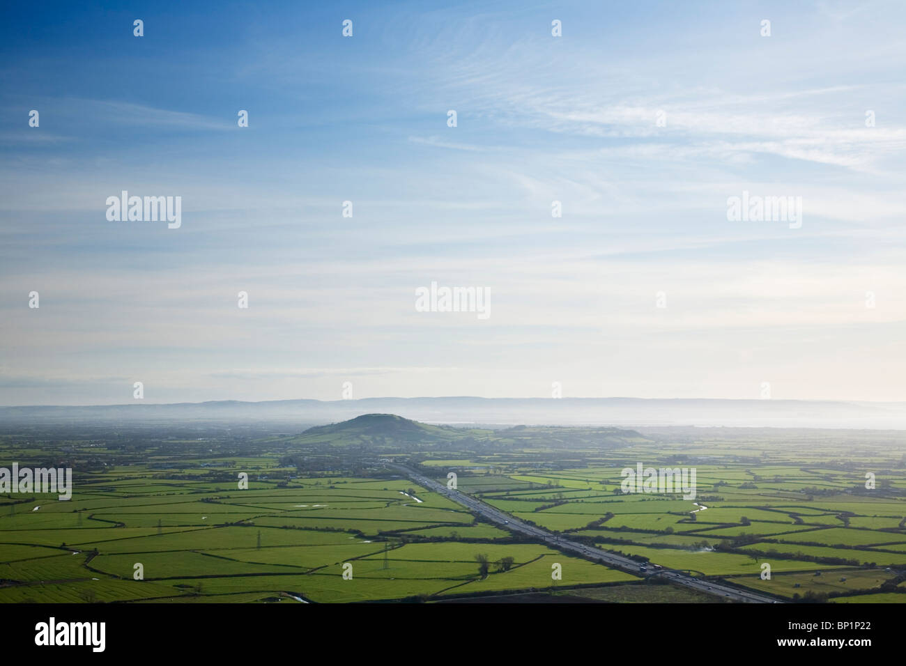 The M5 and the Somerset Levels with Brent Knoll and the Quantock Hills in the Distance. Somerset. England. UK. Stock Photo