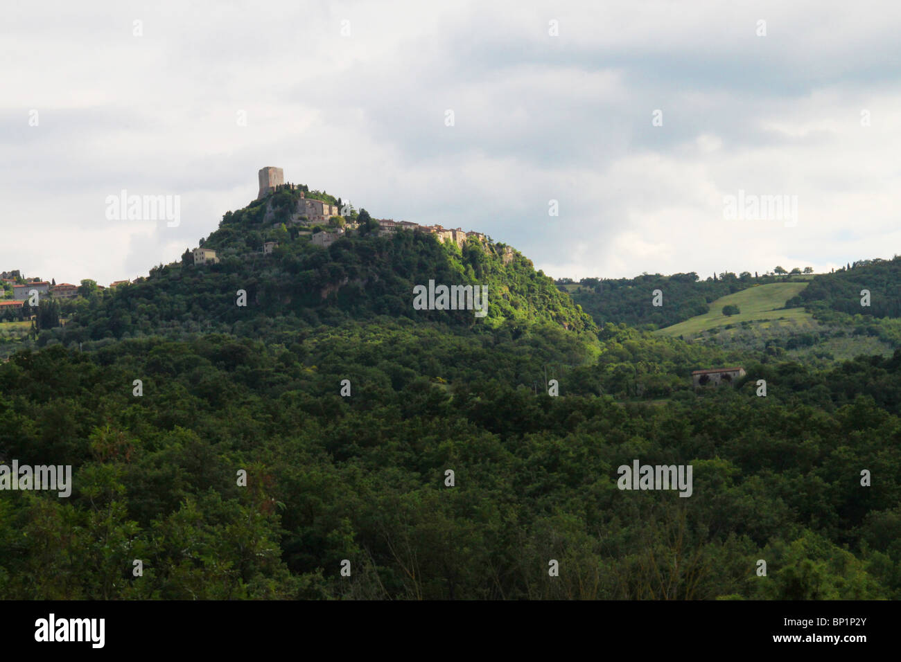 View from Bagno Vignoni, of Rocca d' Orcia and the village of Castiglione d' Orcia, Tuscany, Italy Stock Photo