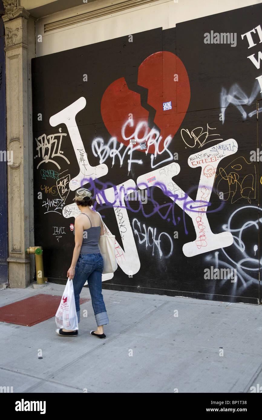 I Love New York wall with Graffiti, Lower East Side, NYC. Stock Photo