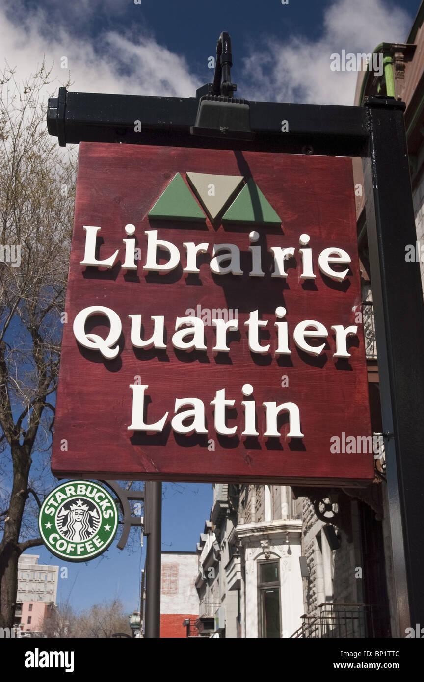Librarie Quartier Latin library sign on Rue Saint-Denis in the Latin Quarter of Montreal, Quebec, Canada. Stock Photo