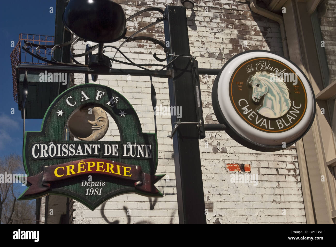 Cafe Croissant de Lune, Creperie, La Blanche, Cheval Blanc, Rue Saint-Denis, Saint Denis Street, Latin Quarter, Montreal, Canada Stock Photo