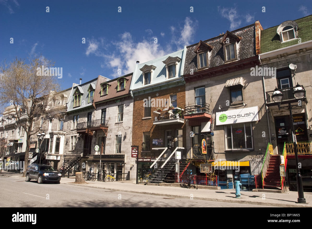 Row of cafeterias, bars, restaurants and shops on Rue SaintDenis