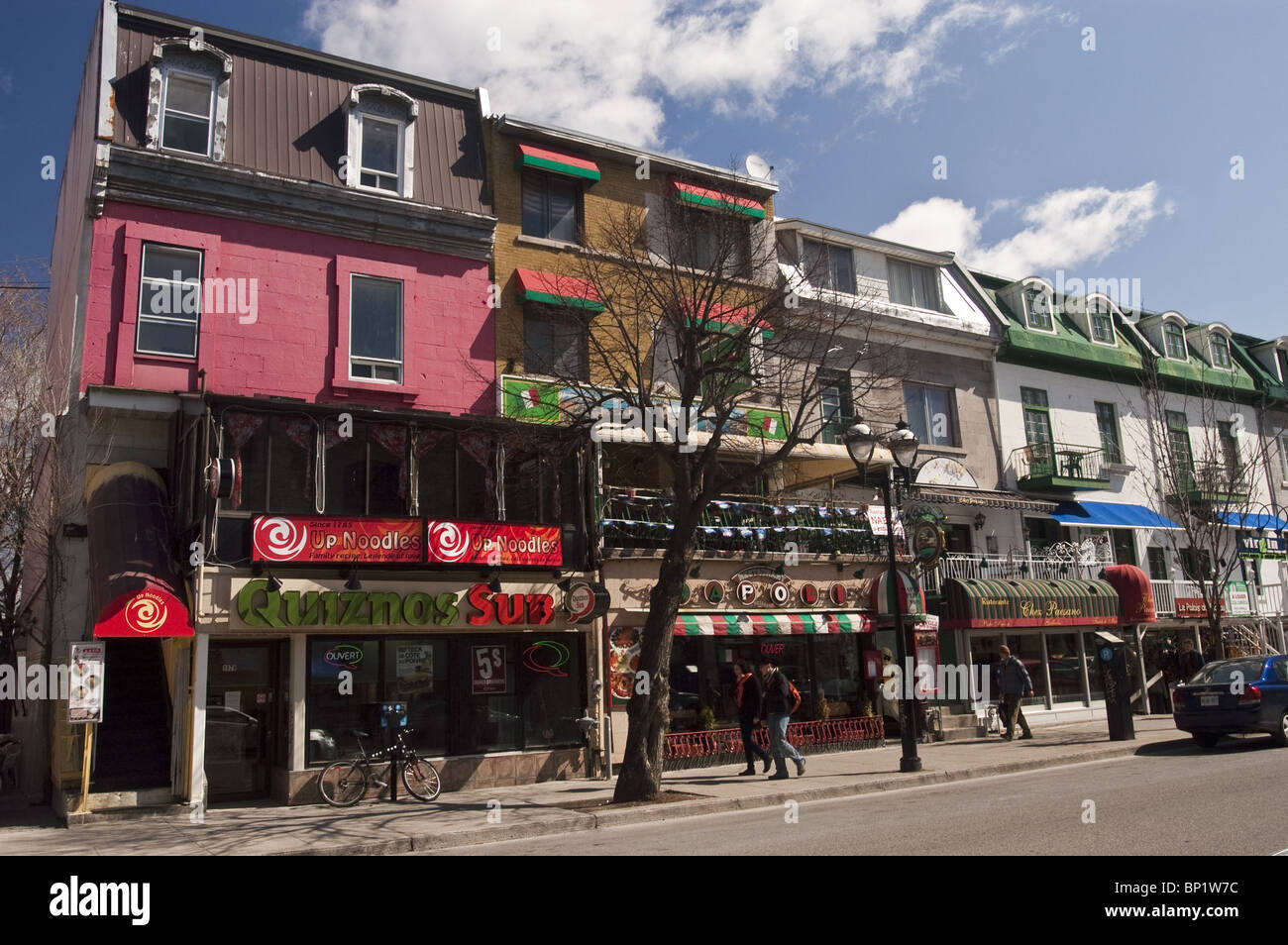 Row of cafeterias, bars, restaurants and shops on Rue SaintDenis