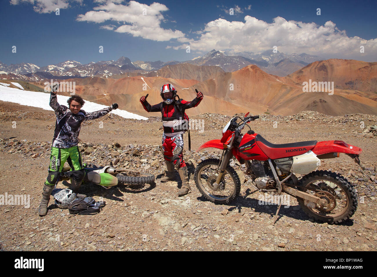 Trail Bikes High in Andes Range, near Santiago, Chile, South America Stock Photo