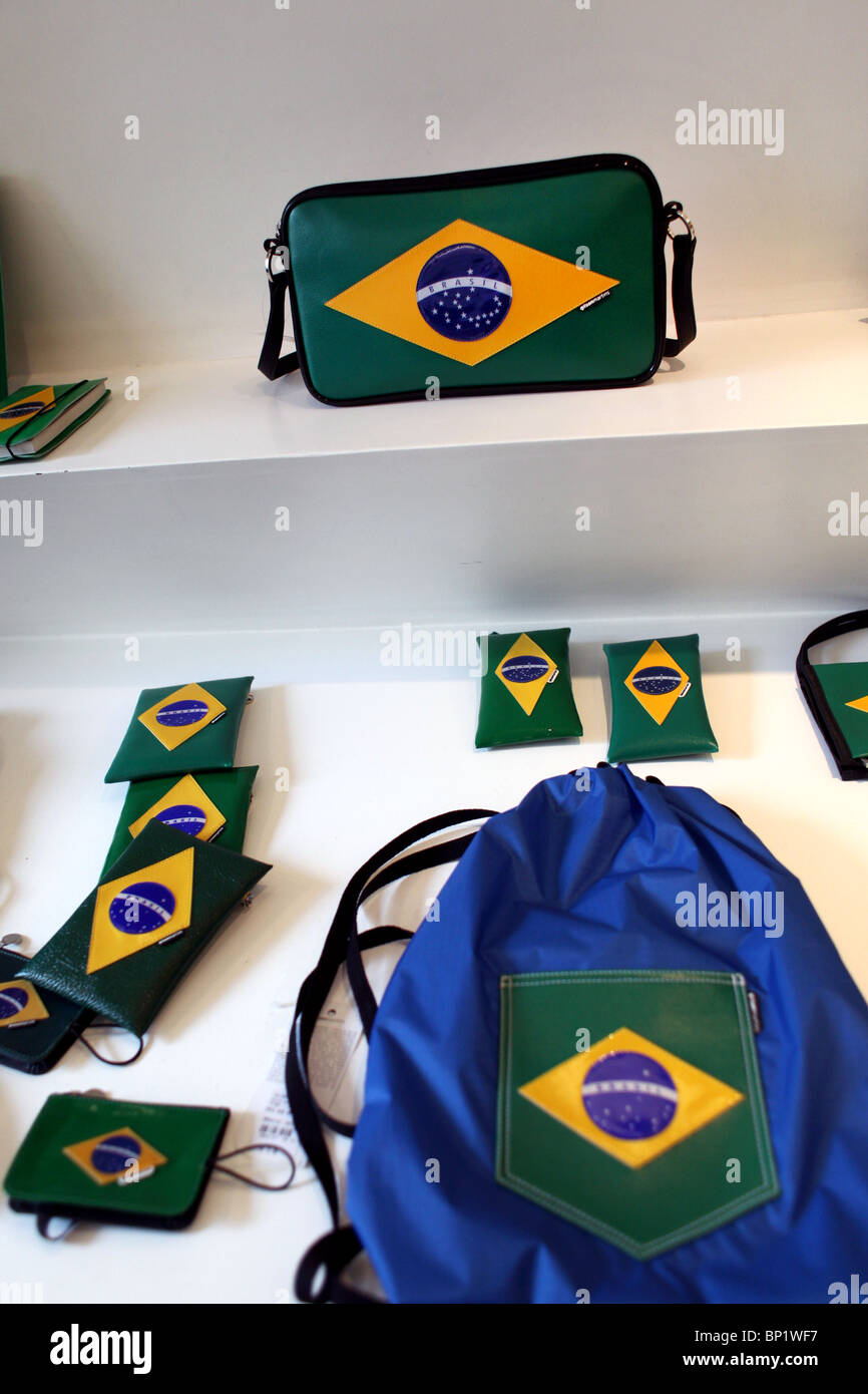 Gilson Martin handbags and wallets with the yellow and green Brazilian emblem and flag. Rio de Janeiro, Brazil Stock Photo