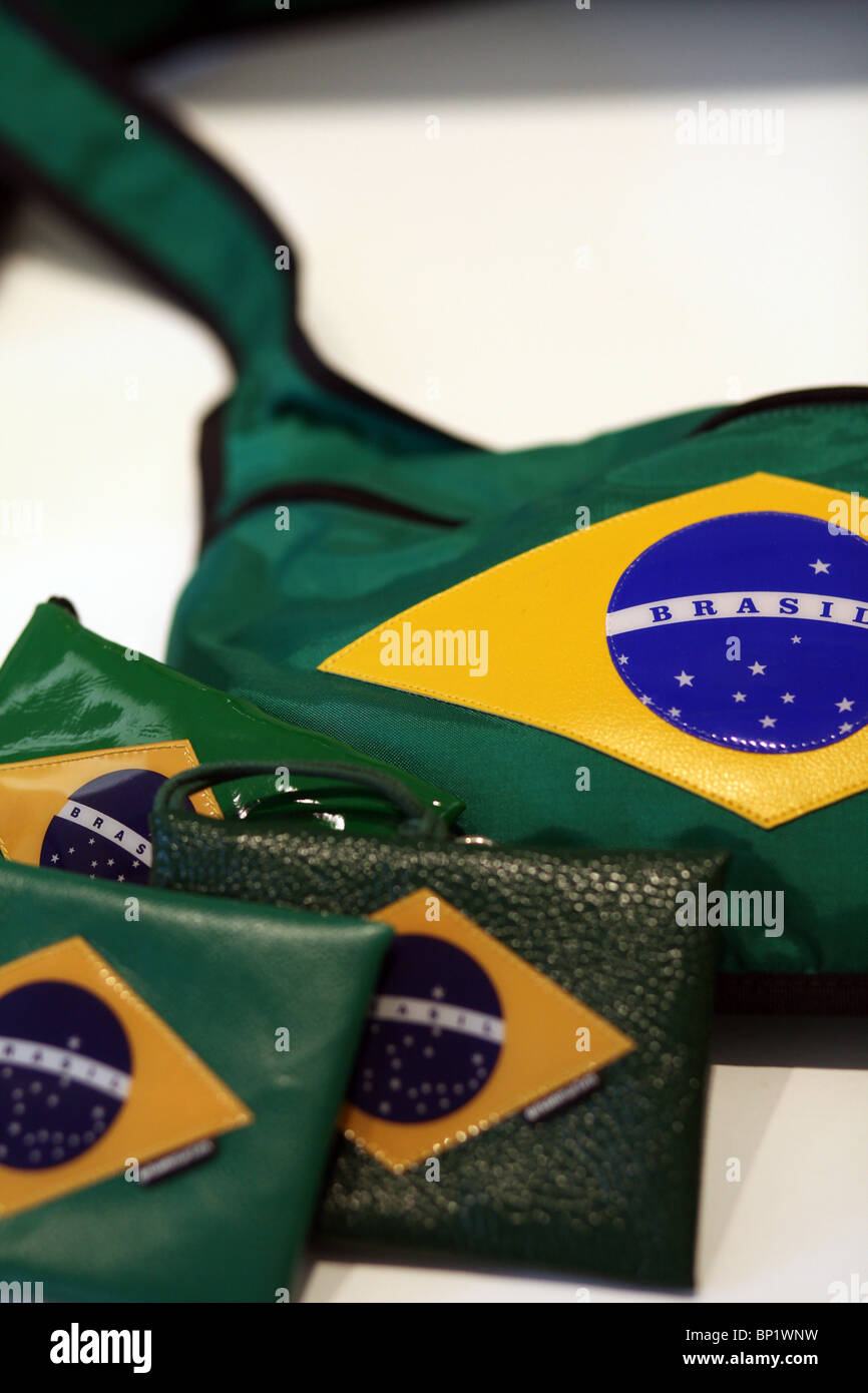 Gilson Martin handbags and wallets with the yellow and green Brazilian emblem and flag. Rio de Janeiro, Brazil Stock Photo