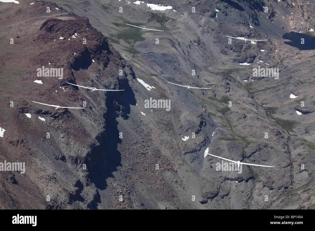 Gliders Racing in FAI World Sailplane Grand Prix, Andes Mountains, Chile, South America - aerial Stock Photo