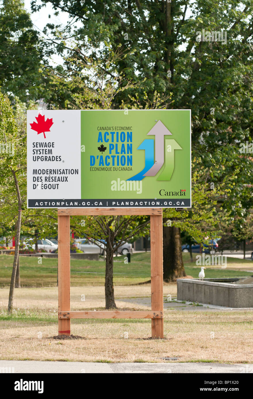 A  Canadian Government 'Economic Action Plan' infrastructure stimulus project (sewage system upgrade) sign. Stock Photo