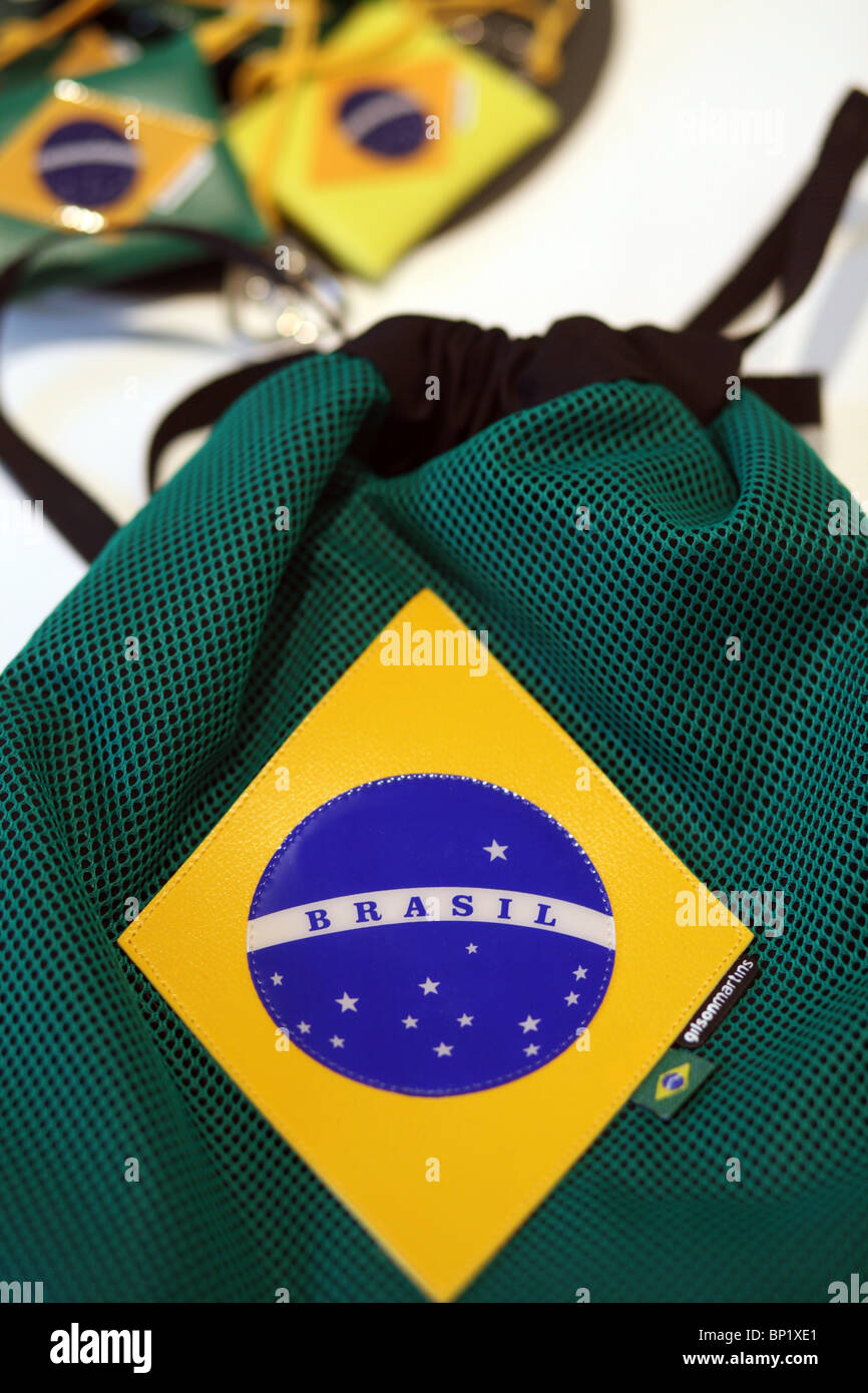 Gilson Martin handbags and wallets with the yellow and green Brazilian emblem and flag. Rio de Janeiro, Brazil Stock Photo