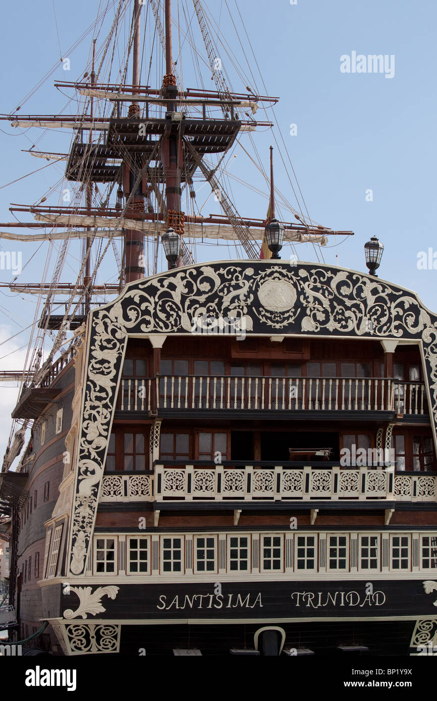 Square rigged ship 'Santisima Trindad' alongside Malaga quayside.Spain Stock Photo