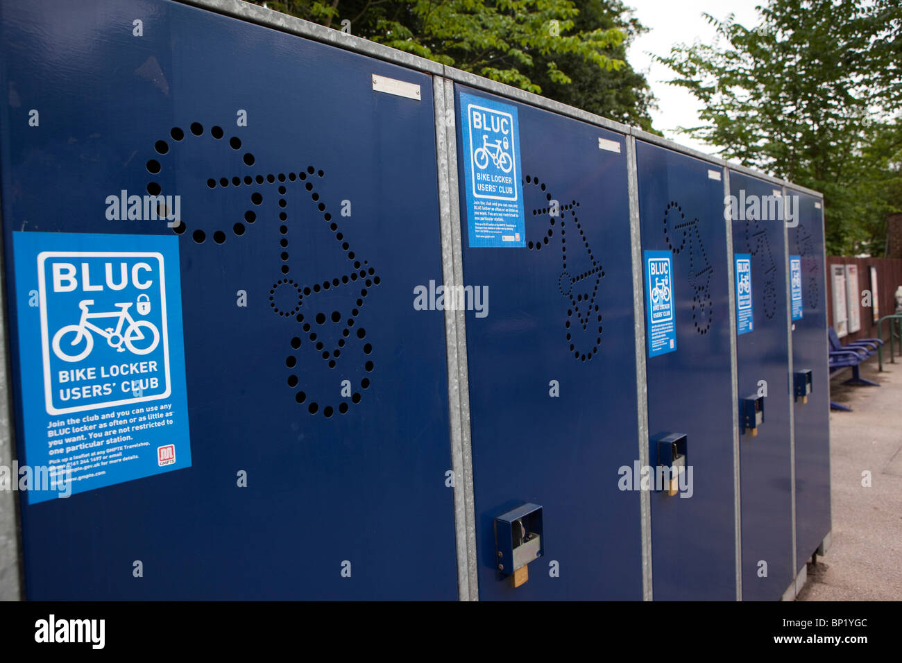 UK, England, Cheshire, Marple, Railway Station, Bike Locker User’s Club, bicycle lockers on platform Stock Photo