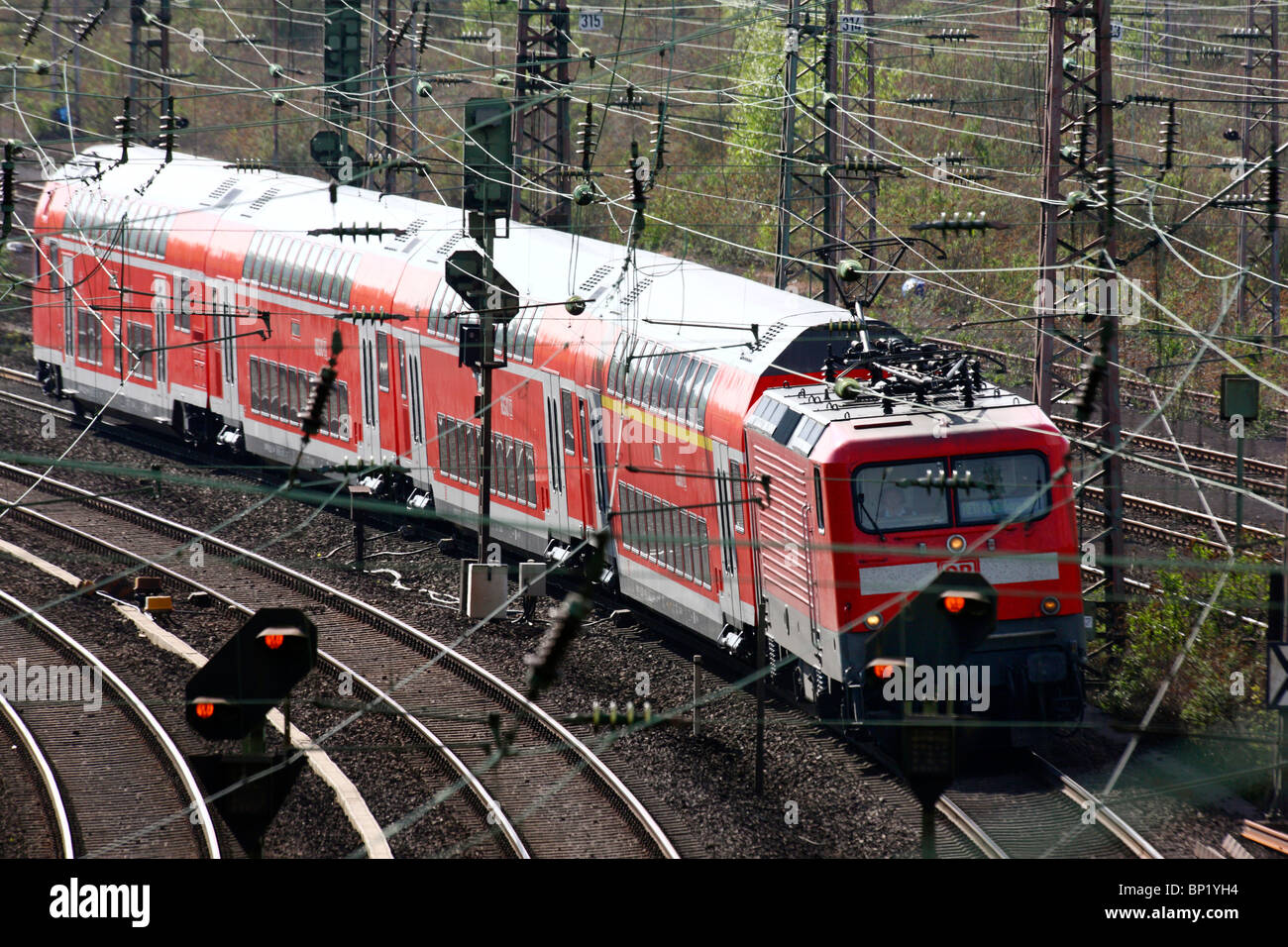 Trains on the track, public transport. Stock Photo