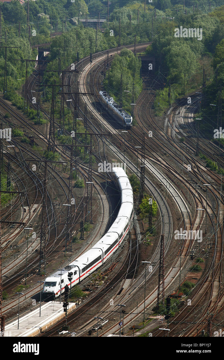 Trains on the track, public transport. Stock Photo