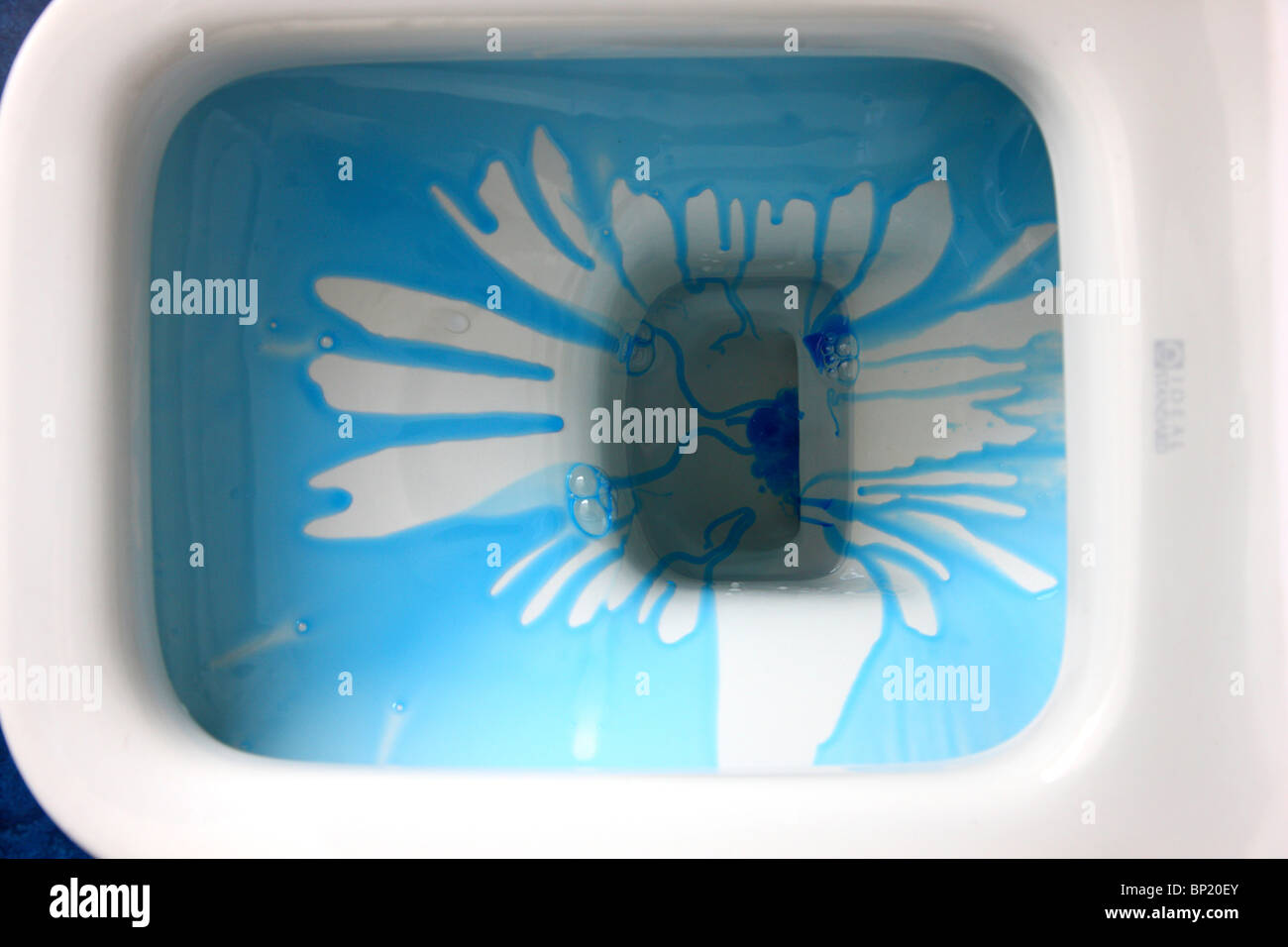 Blue cleaning agent in a toilet bowl, for household hygiene. Stock Photo