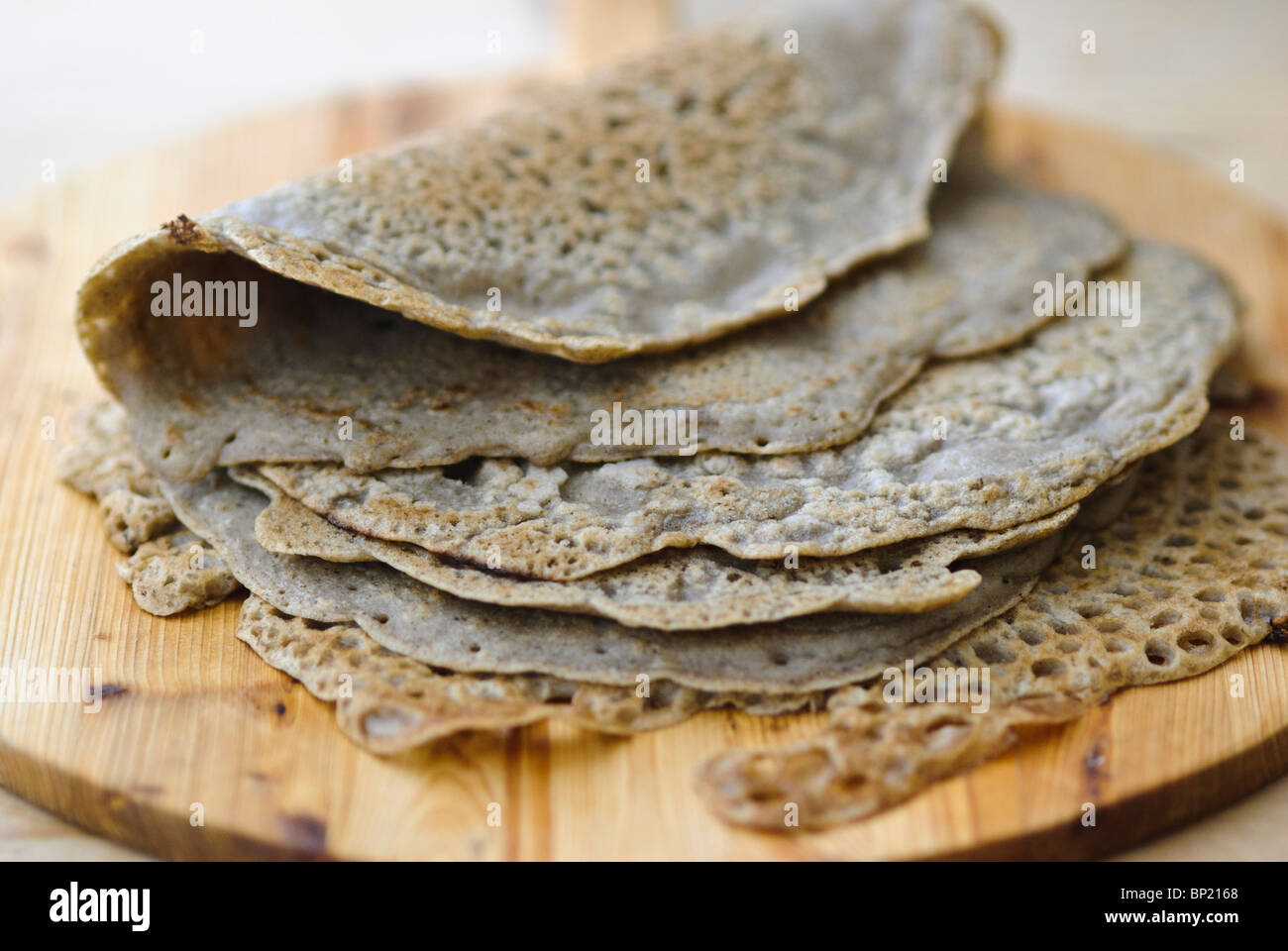 Bread wraps made of buckwheat flour, salt, olive oil and water. Gluten free. Stock Photo