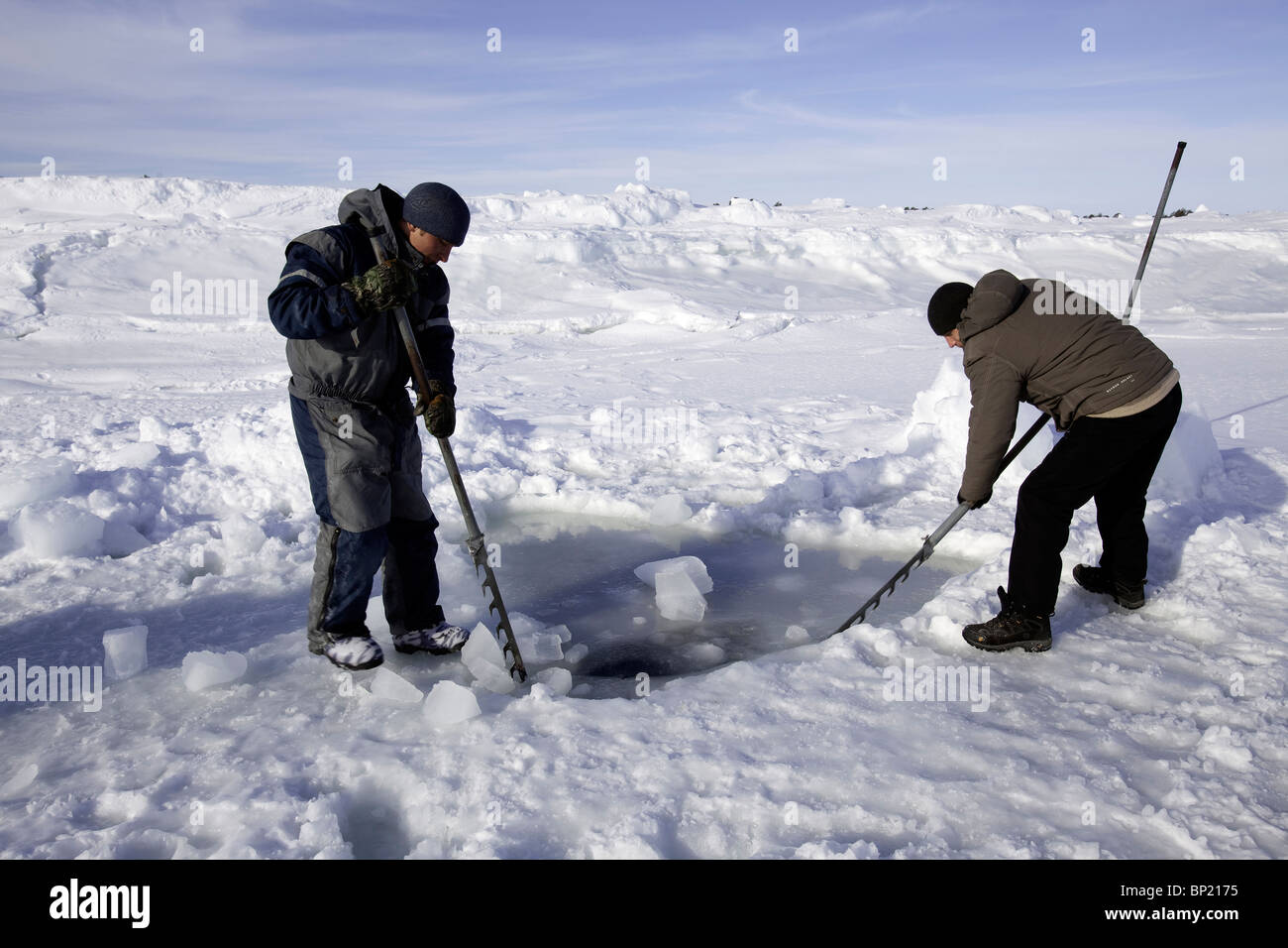 Preparations for Ice Diving, White Sea, Karelia, Russia Stock Photo