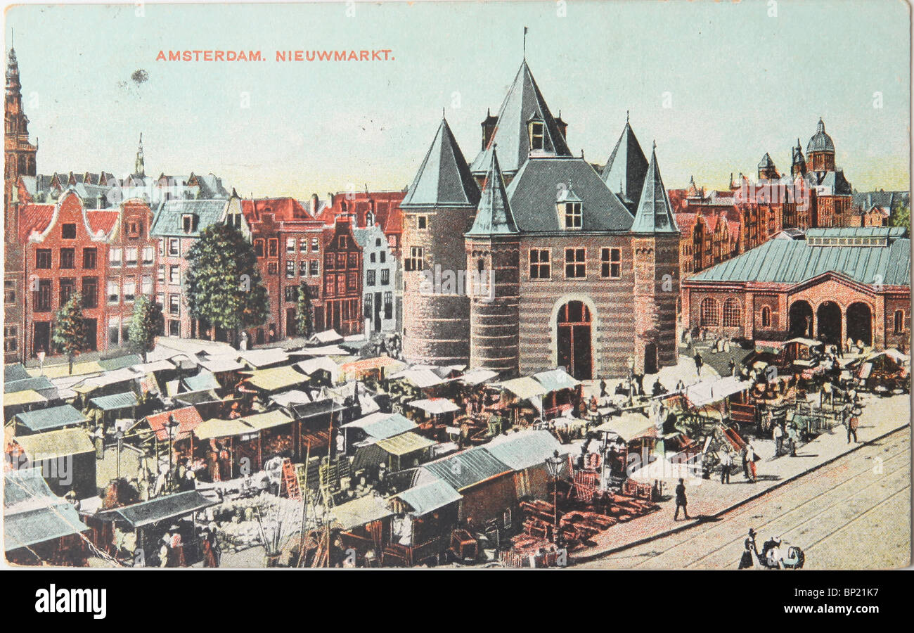 Market stalls and view on the Waag and churches in Amsterdam of 1907 on vintage postcard Stock Photo