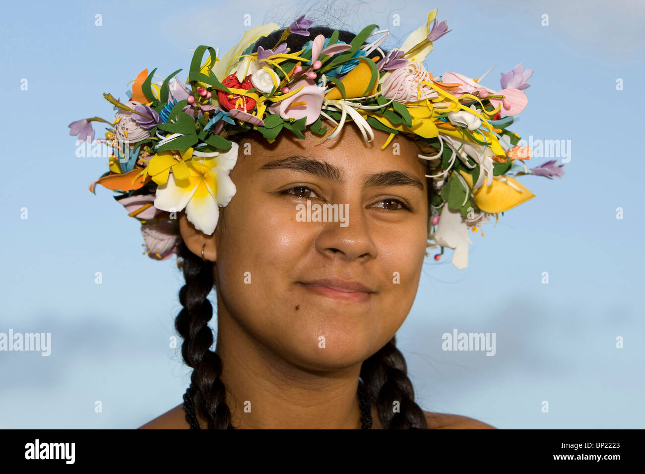 Local Girl of Tuamotus, Rangiroa, French Polynesia Stock Photo