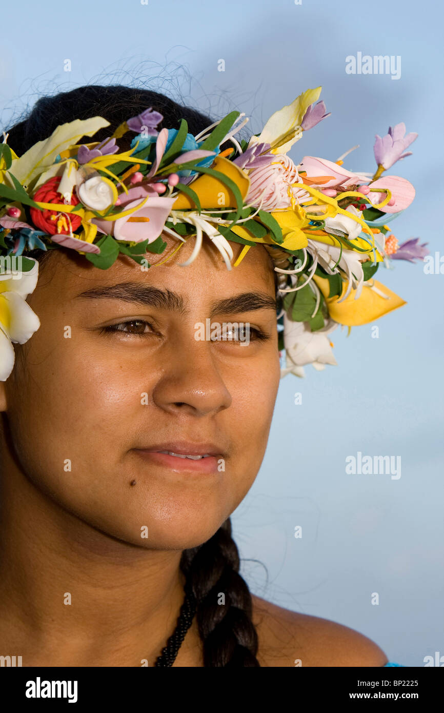 Local Girl of Tuamotus, Rangiroa, French Polynesia Stock Photo