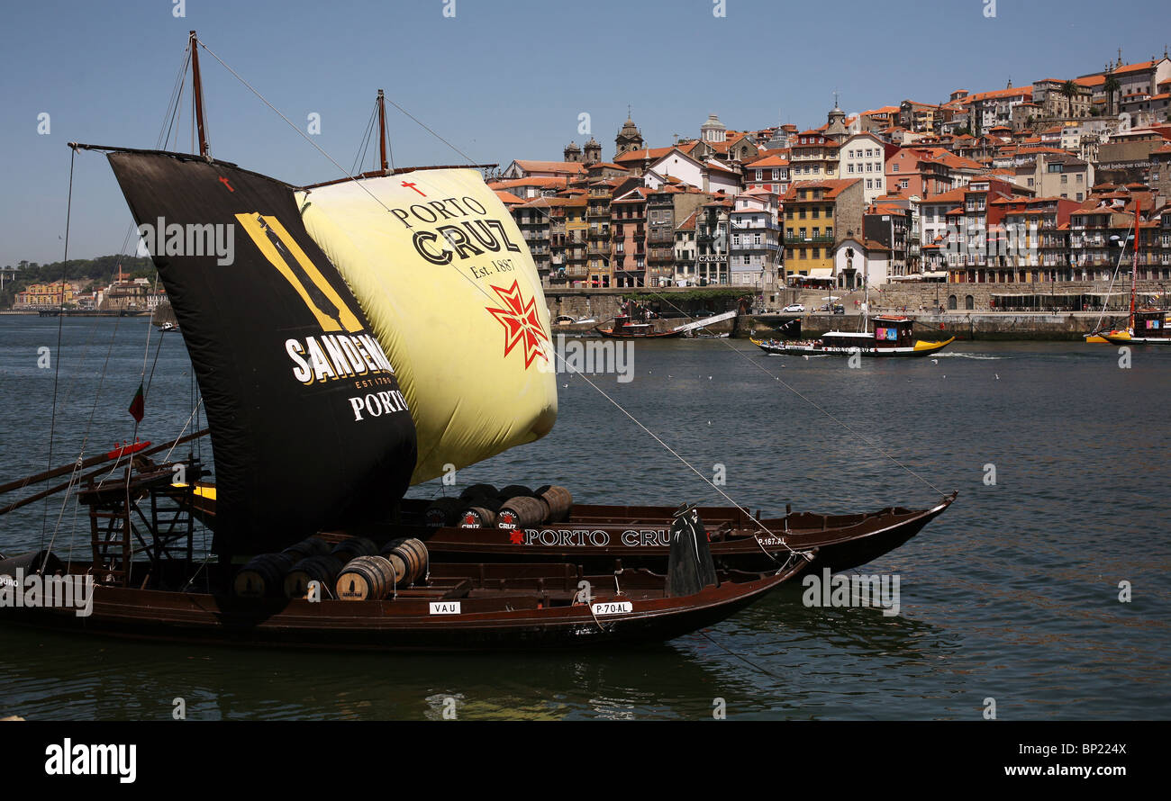 Port wine barges (boats) pictured on the River Douro in the Portugese city of Oporto Stock Photo