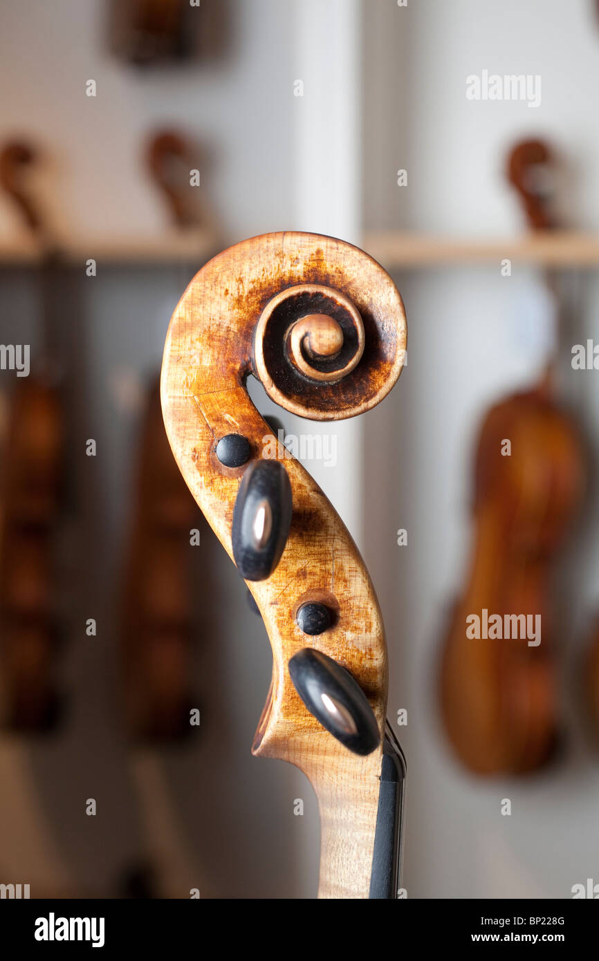 Classical Violins wait to be auctioned at Sotheby's in Bond Street, London, UK. Photo:Jeff Gilbert Stock Photo