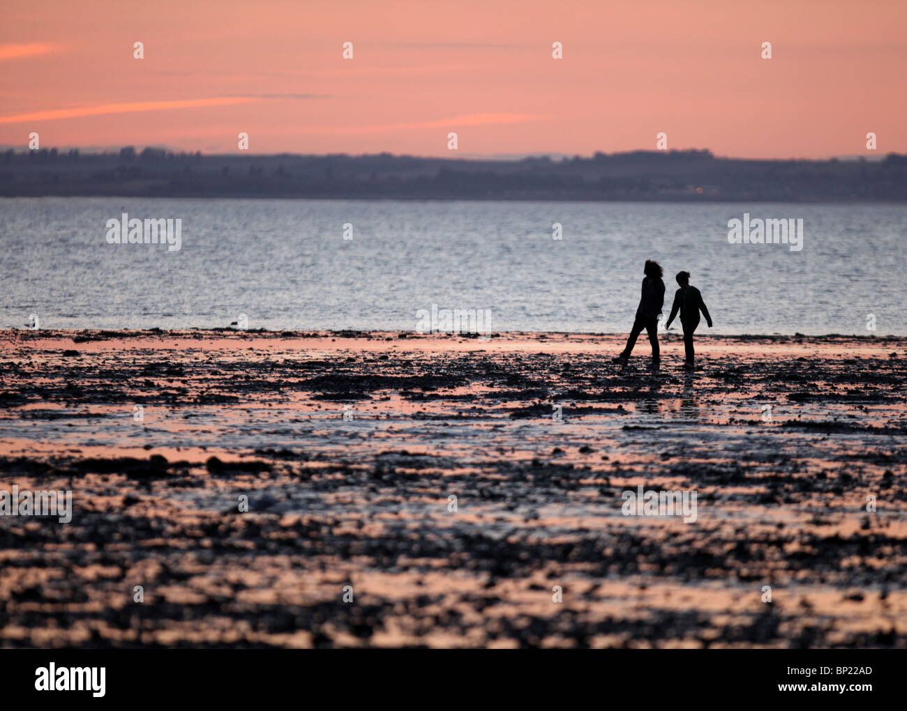 Silhouette of people walking on the beach at sunset at low tide in Whitstable, Kent, United Kingdom. Stock Photo