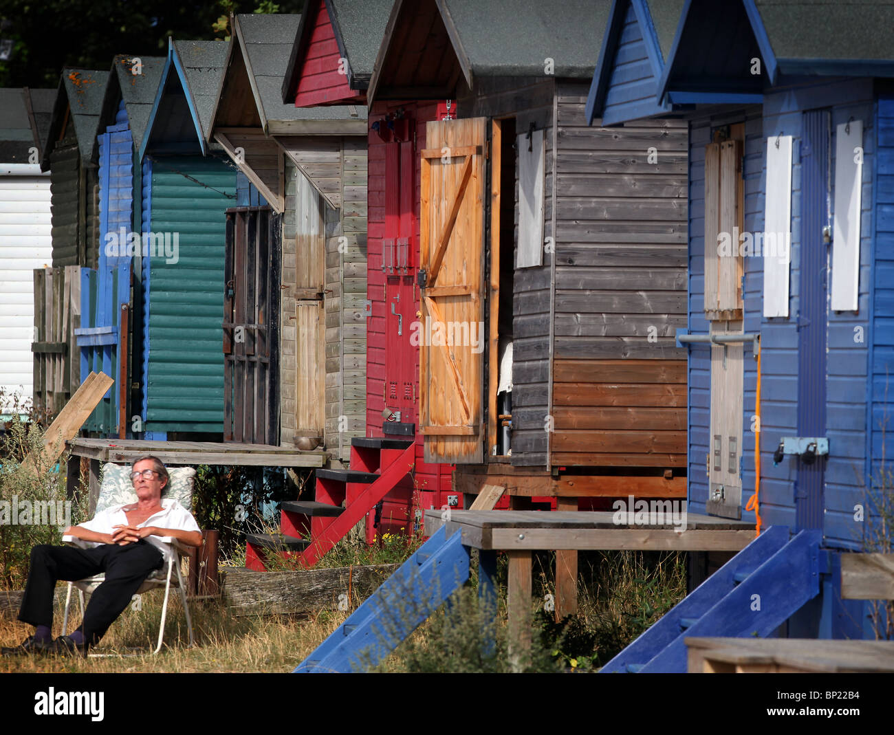 Beach huts pictured in Whitstable, Kent. Stock Photo