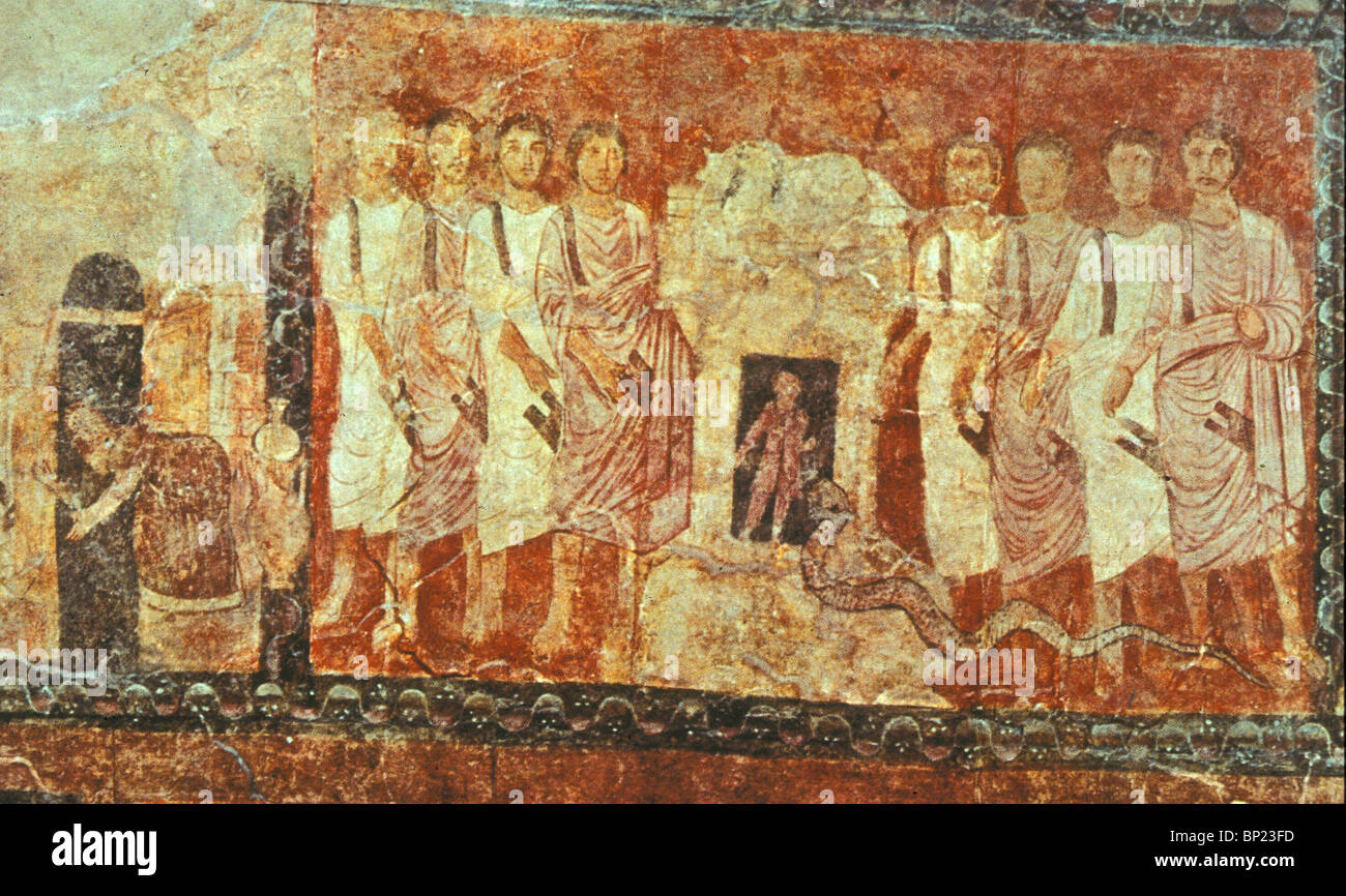 PROPHETS OF BAAL ON MT. CARMEL. WALL PAINTING FROM THE DURA EUROPOS ONE OF THE EARLYEST KNOWN SYNAGOGUES DATED C. 245 A.D. Stock Photo