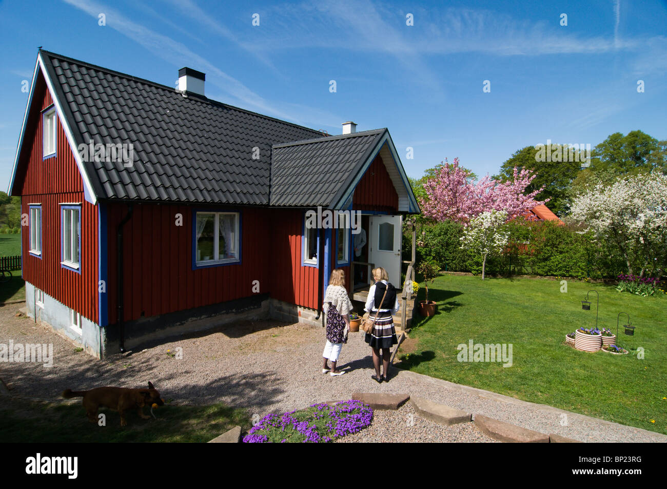 Red house with people in front during spring in Hov. Skåne. Sweden. Stock Photo