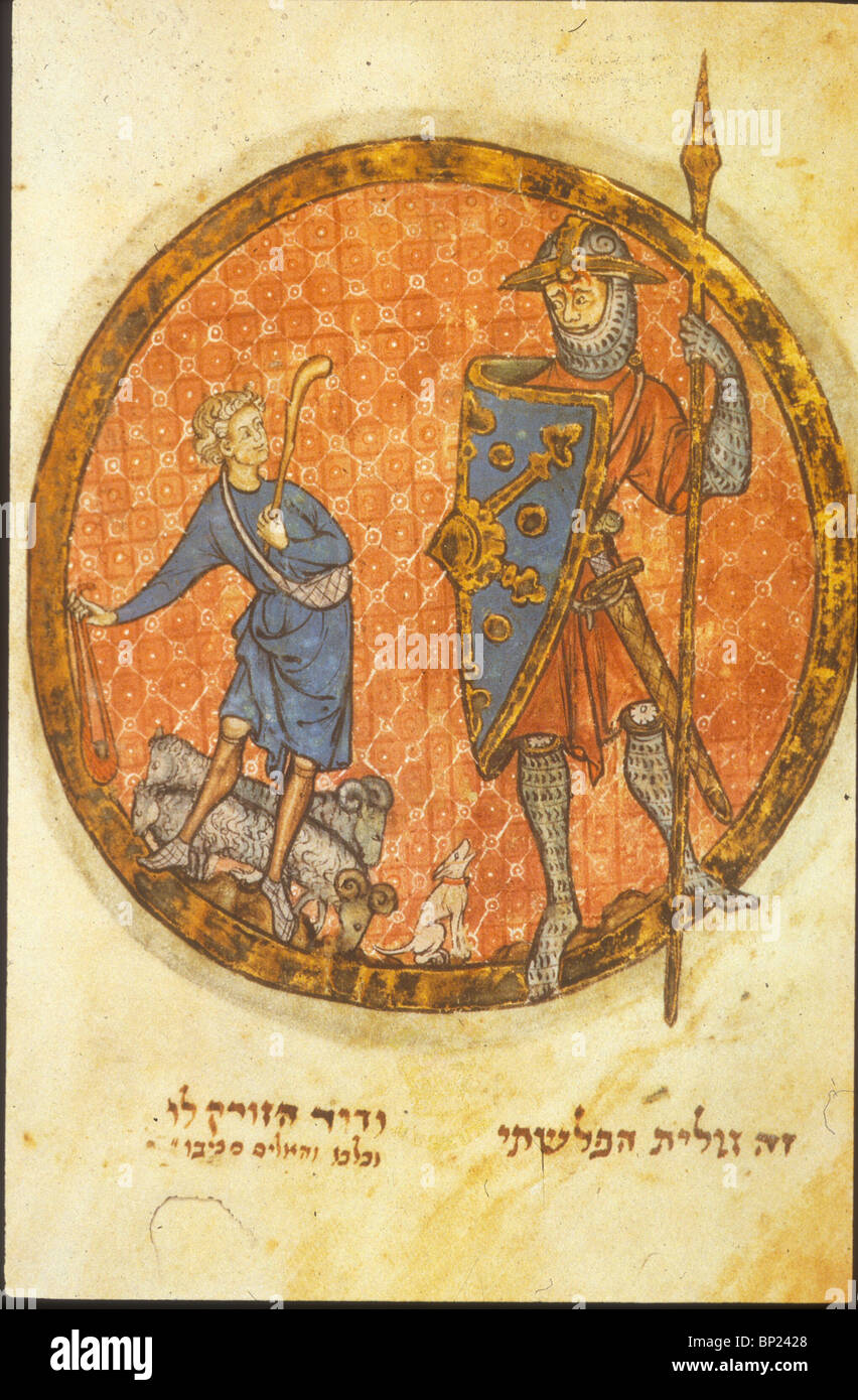 358. DAVID AND GOLIATH, HEBREW MANUSCRIPT FROM NORTH FRANCE, C. 1280 Stock Photo
