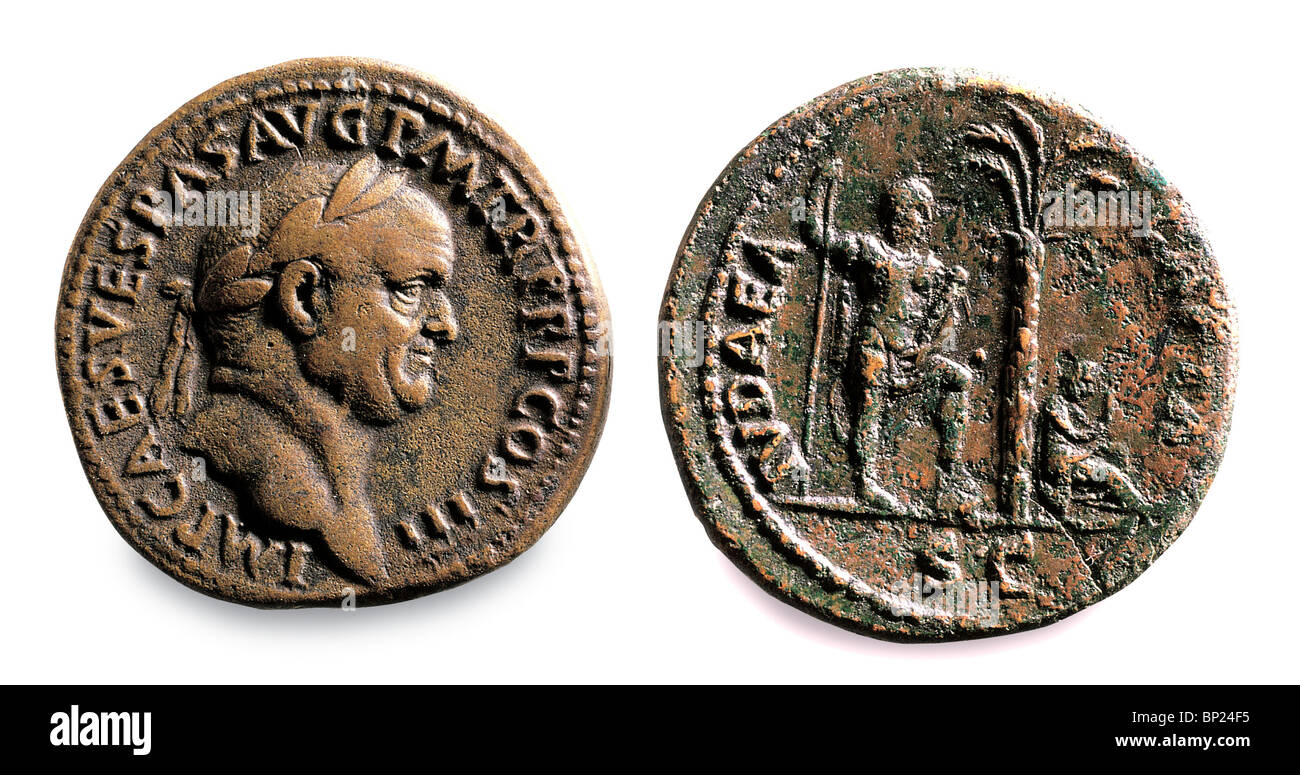 IMPERIAL ROMAN BRONZE COINS COMMEMORATING THE VICTORY OVER JUDEA IN 70/71 A.D. DEPICTING THE EMPEROR VESPASIAN ON THE FRONT, TH Stock Photo