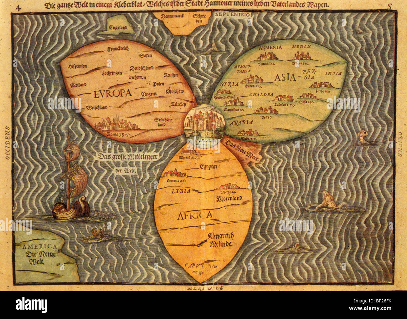1059. MAP OF THE WORLD WITH JERUSALEM IN THE CENTER, H. BUNTING, 'ITINERARIUM SACRAE SCRIPTUARE' 1581 Stock Photo