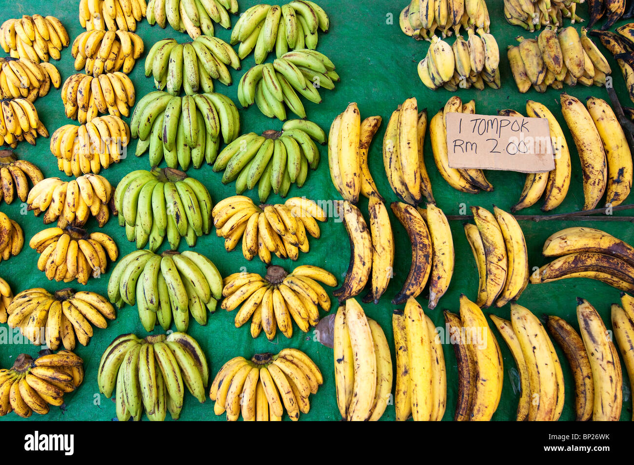 Different types of bananas for sale in the Weekend Market on Jalan Santok in Kuching, Borneo Stock Photo