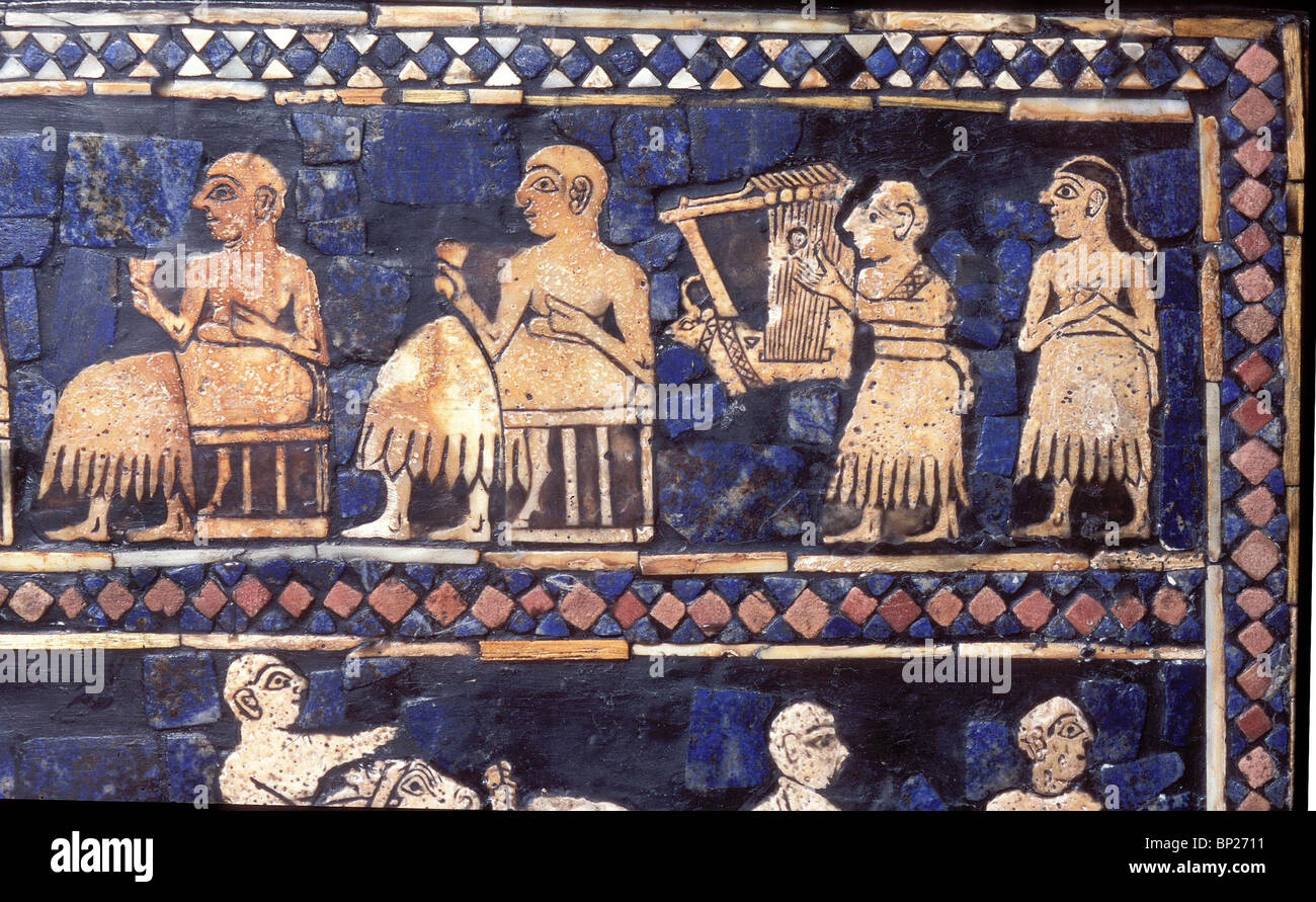 STANDART OF UR DATING FROM 2600 B.C. AN ELABORATELY DECORATED ART WORK INLAID WITH SHELL & LAPIS LAZULI DETAIL DEPICTING A LYRE Stock Photo