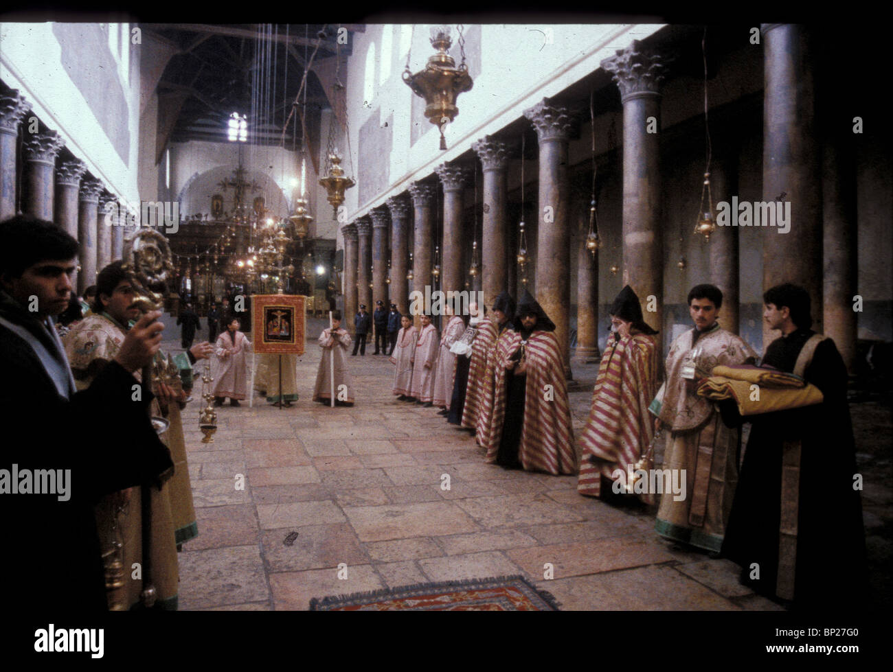 820. CHURCH OF NATIVITY, THE PROCESSION OF THE ARMENIAN-ORTHODOX PATRIARCH IN THE BASILICA OF THE NATIVITY Stock Photo