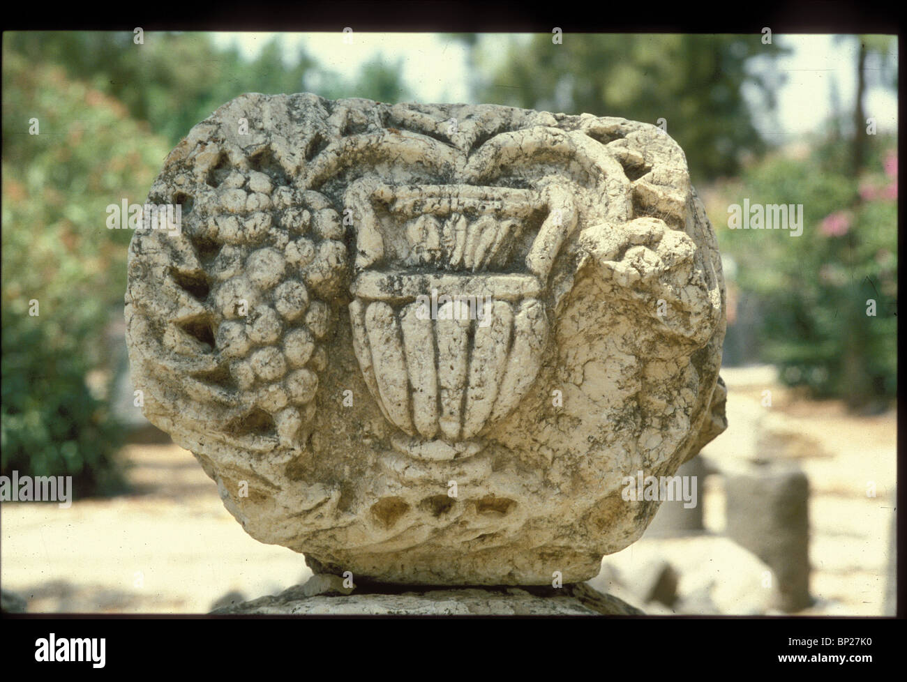 888. CAPERNAUM - ARCHITECTURAL DETAILS FROM THE 4TH. C. SYNAGOGUE. STONE CARVINGS DEPICTING AN AMPHORA AND GRAPES Stock Photo