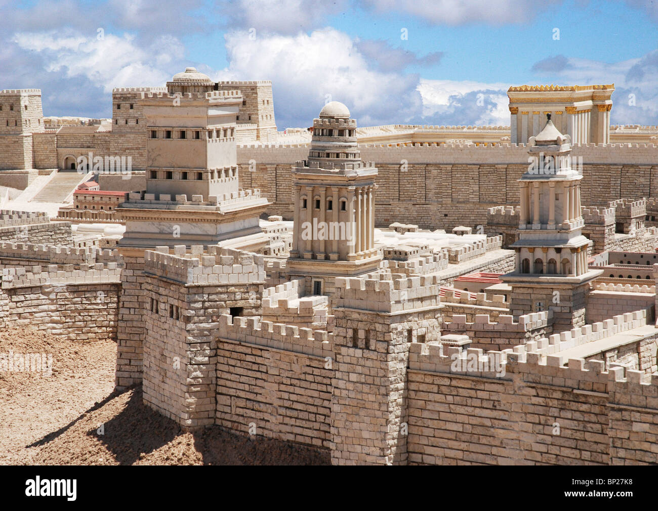 MODEL OF HEROD'S PALACE IN JERUSALEM, SHOWING THE THREE TOWERS: PHASAEL (SQUARE TOWER), HIPICUS  AND MIRIAM Stock Photo