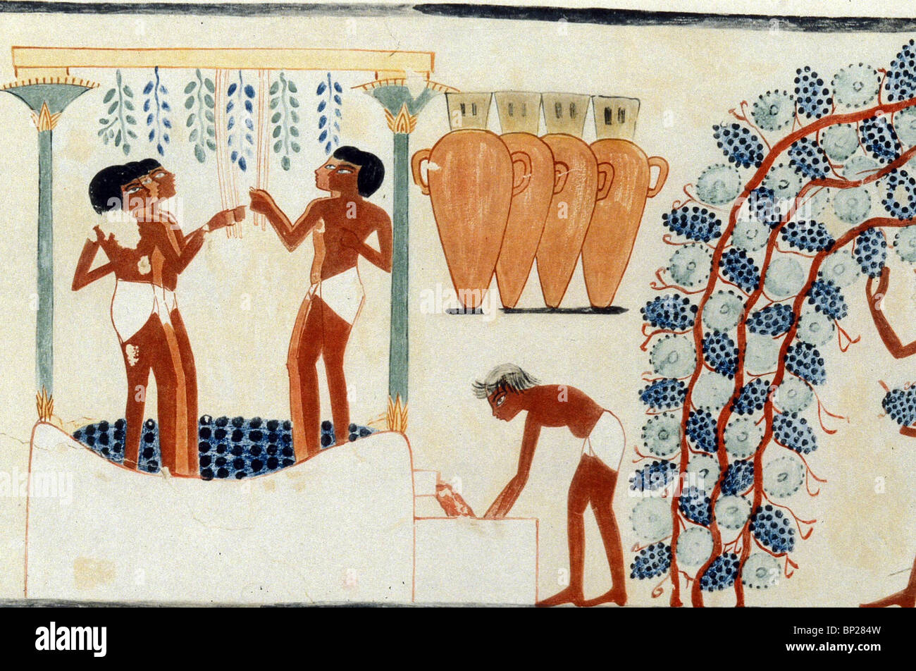 1831. PRESSING GRAPES FOR WINE AND STORING IT IN TERRACOTTA JARS THEBES, TOMB OF NAKHT, TUTHMOSIS IV. 1420 - 1411 Stock Photo