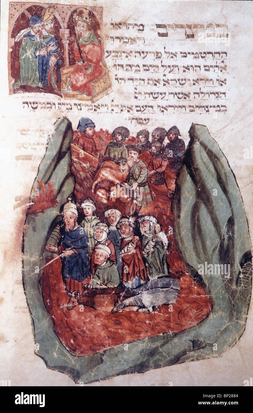1932. CROSSING OF THE RED SEA - ILLUSTRATION FROM THE GOLDEN HAGADDA, A 14TH. C. HEBREW MANUSCRIPT FROM SPAIN Stock Photo